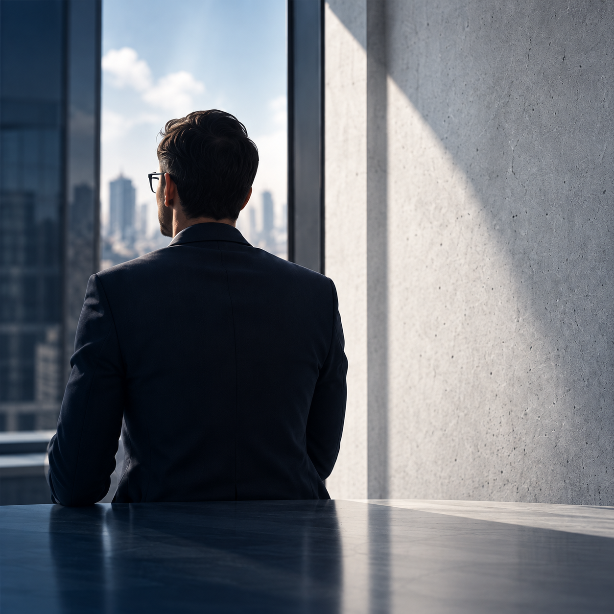 A person looking toward the city through an office window.